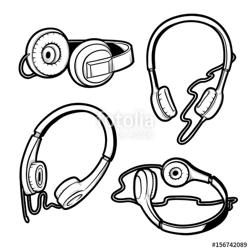 500x500 Vector Black And White Sketch Illustration Of Set Of Headphones - Headset Sketch