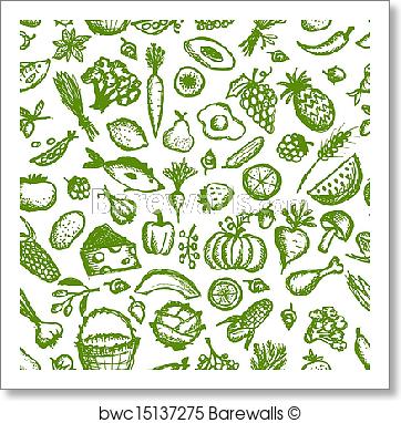 362x382 Art Print Of Healthy Food Seamless Pattern, Sketch For Your Design - Healthy Food Sketch