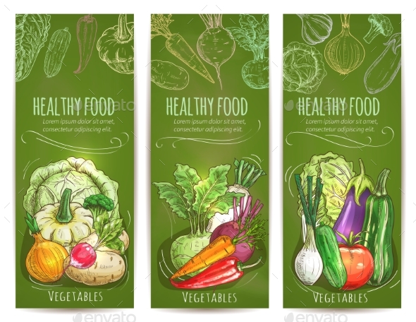 590x456 Vegetables Healthy Vegetarian Food Sketch Banners By Vectortradition - Healthy Food Sketch