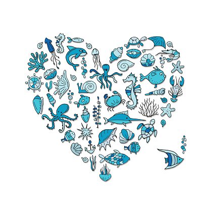 416x416 Marine Life, Heart Shape Sketch For Your Design Premium Clipart - Heart Shape Sketch