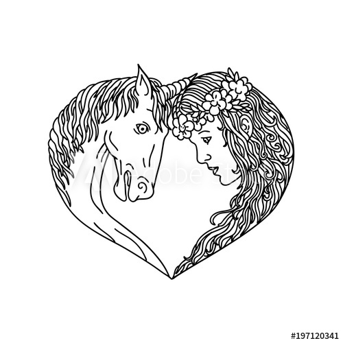 500x500 Drawing Sketch Style Illustration Of A Unicorn, A Legendary Horse - Heart Shape Sketch