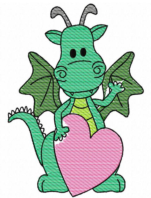 489x640 Dragon With Heart Sketch Embroidery Design - Heart Sketch Images
