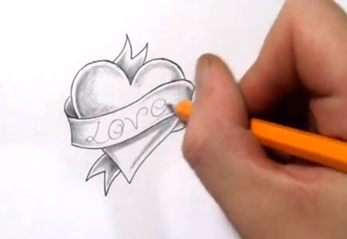 1369x944 Heart And Banner Tattoo Design With Love - Heart Sketch Tattoo