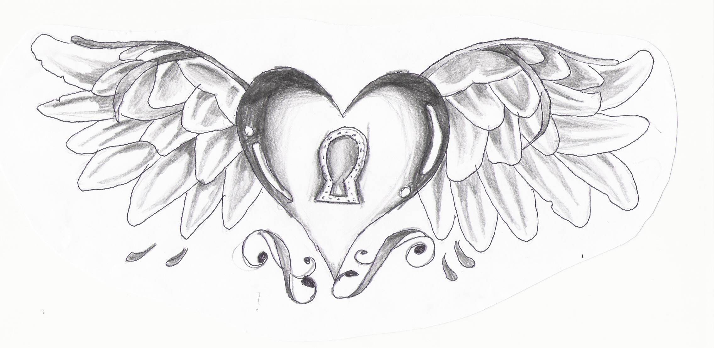 2272x1107 Hearts With Wings And Roses Black And White - Heart With Wings Sketch