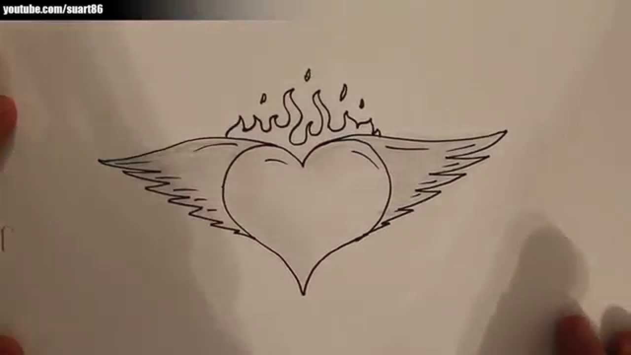1280x720 How To Draw A Heart With Wings And Flames - Heart With Wings Sketch