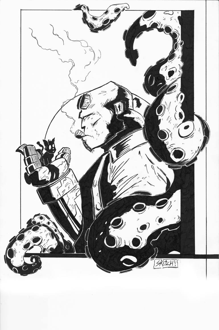 770x1158 Hellboy Drawing By Jon Achelpohl Saatchi Art - Hellboy Sketch