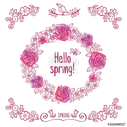 500x500 Hello Spring! Spring Wreath Of Decorative Flowers On The Pink - Hello Sketch