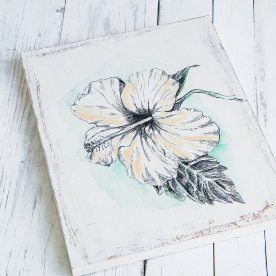 570x570 Hibiscus Flower Sketch Print On Wood Wall Sign Wall Decor Etsy - Hibiscus Flower Sketch