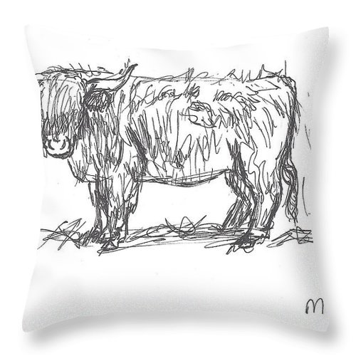 500x500 Highland Cow Field Sketch Throw Pillow For Sale By Dawn Senior Trask - Highland Cow Sketch