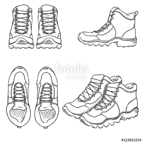 500x500 Vector Set Of Sketch Hiking Boots. Side, Front And Top View Stock - Hiking Boot Sketch