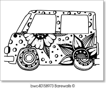 437x364 Art Print Of Hippie Vintage Car A Mini Van. Barewalls Posters - Hippie Van Sketch