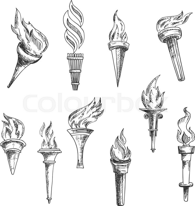 756x800 Ancient Wooden Torches Vintage Engraving Sketches With Ornamental - History Sketch