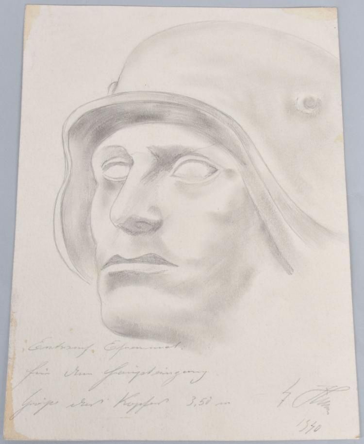 750x914 Original Adolf Hitler Pencil Sketch Of German Soldier. Dated 1940 - Hitler Sketch