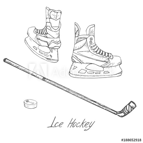 500x500 Ice Hockey Skates, Stick And Puck, Hand Drawn Doodle Sketch With - Hockey Net Sketch