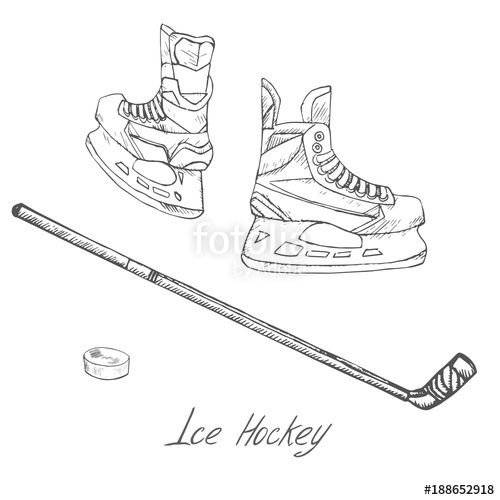 500x500 Ice Hockey Skates, Stick And Puck, Hand Drawn Doodle Sketch With - Hockey Stick Sketch
