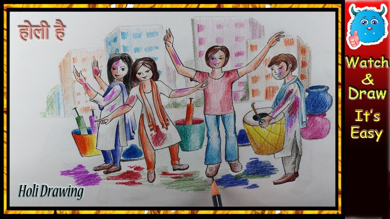 1280x720 Happy Holi Drawing (Scene) - Holi Sketch