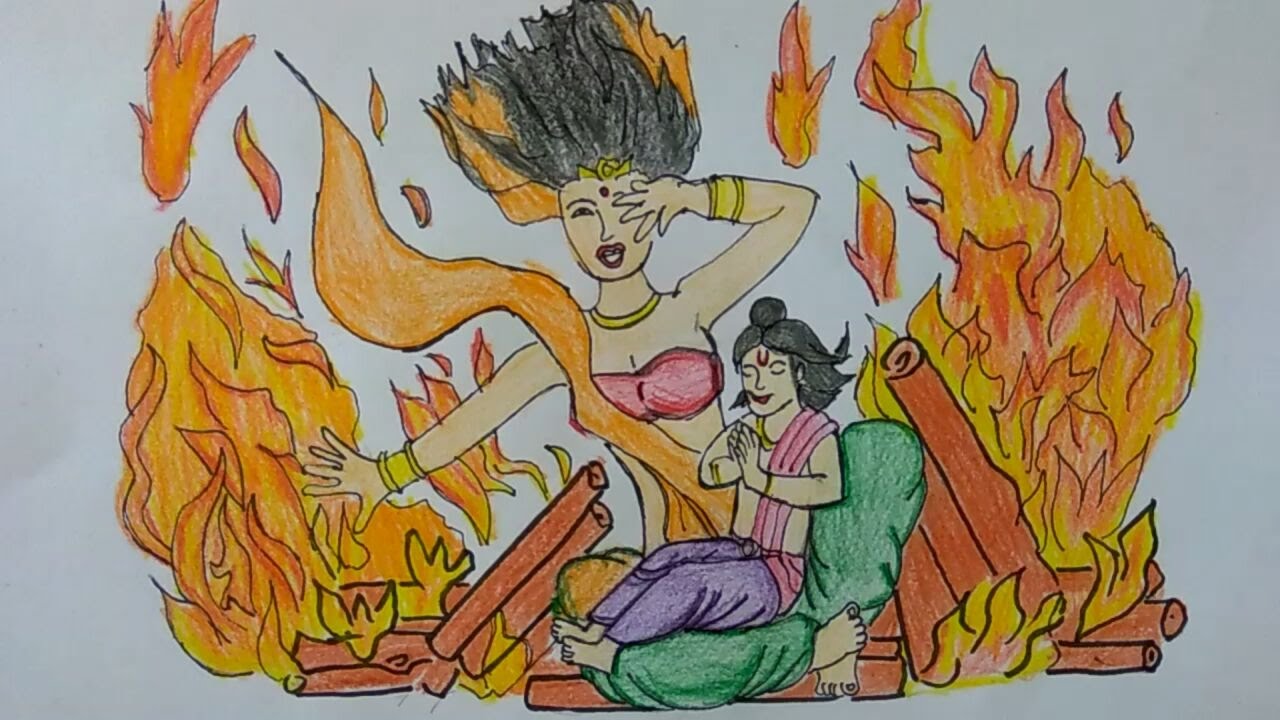 1280x720 Holika,prahlad Drawing, Holika Dahan, Holi Significance Drawing - Holi Sketch