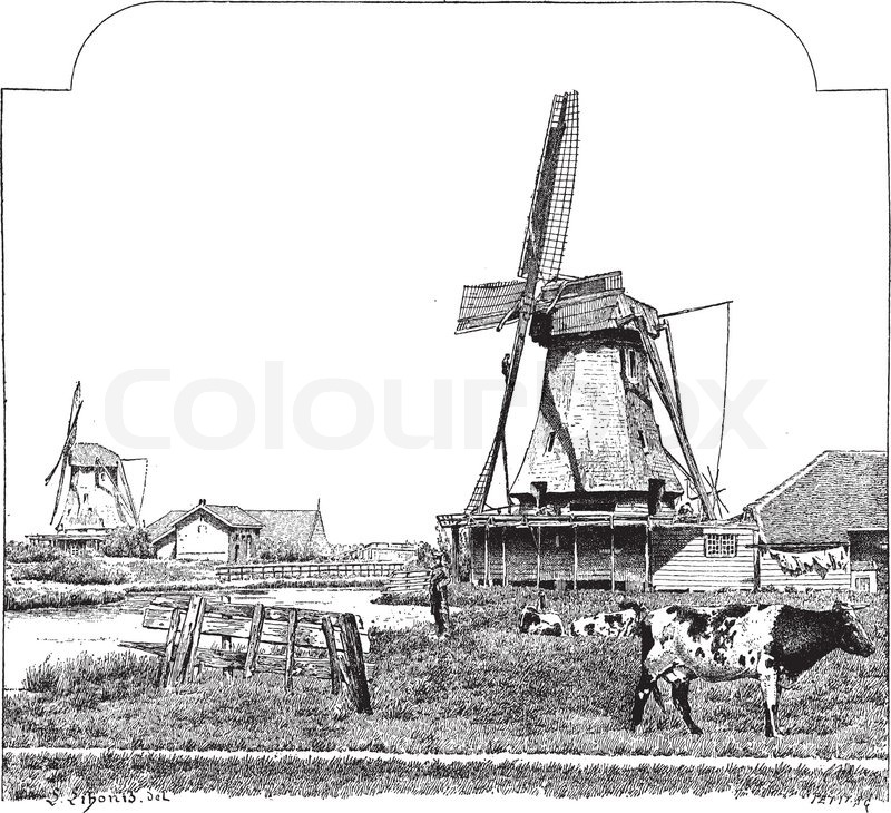 800x730 Mills, Zaandam Holland, Vintage Engraving Stock Vector Colourbox - Holland Sketch