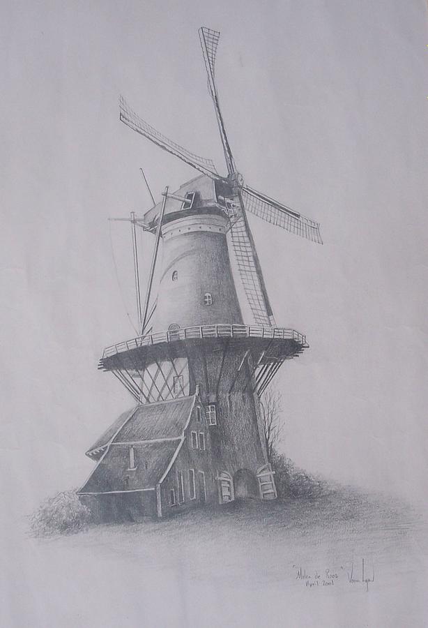 614x900 Molen Near Delft Holland Drawing By Venessa Lagrand - Holland Sketch