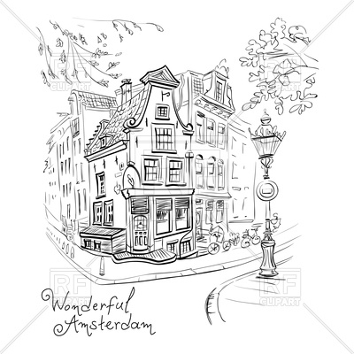 400x400 Black And White Hand Drawing, City View Of Amsterdam - Holland Sketch