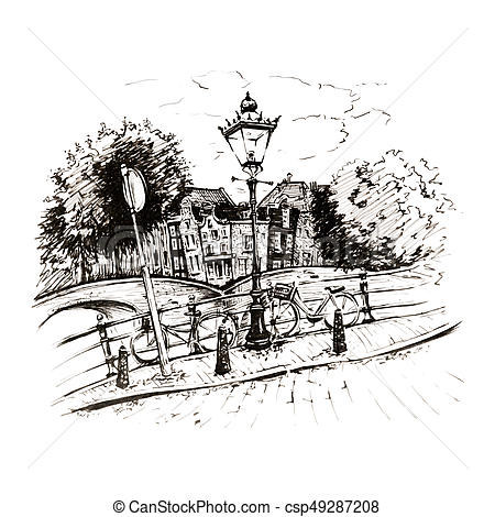 450x470 City View Of Amsterdam Canal. Black And White Hand Drawing, City - Holland Sketch