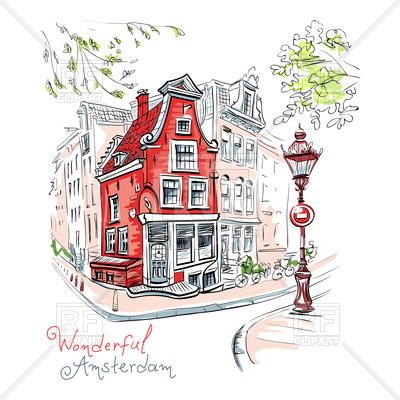 400x400 Color Hand Drawing, City View Of Amsterdam, Holland, Netherlands - Holland Sketch