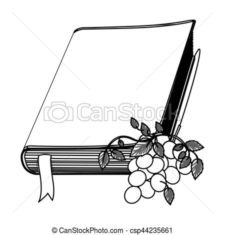 450x470 Monochrome Contour With Holy Bible With Ribbon And Grapes Vector - Holy Bible Sketch