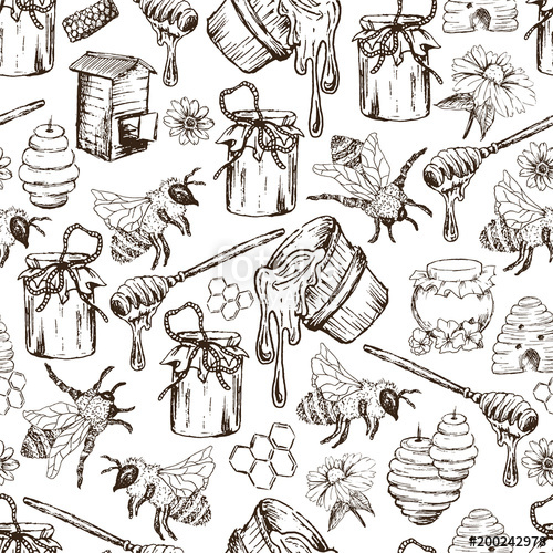 500x500 Honey Bee, Honeycomb And Jar Image Seamless Pattern Design In - Honey Pot Sketch