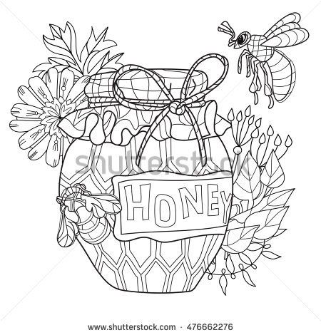 450x470 Honey Pot Doodle And Bee With Flowers.hand Drawn Vector - Honey Pot Sketch