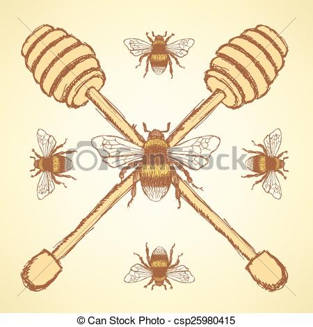 450x470 Sketch Honey Stick And Bee In Vintage Style, Vector. - Honey Sketch