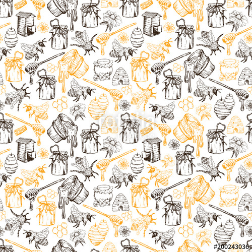 500x500 Honey Bee, Honeycomb And Jar Image Seamless Pattern Design In - Honeycomb Sketch