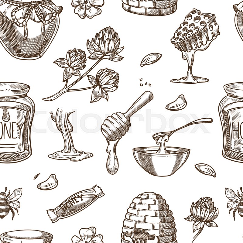 800x800 Honey Beekeeping Sketch Pattern Background. Vector Seamless Honey - Honeycomb Sketch