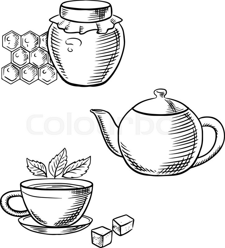 725x800 Cup Of Tea With Fresh Tea Leaves And Sugar Cubes, Retro Teapot And - Honeycomb Sketch