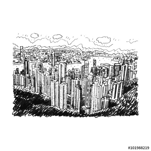 500x500 Hong Kong Skyline. View From Victoria Peak. Vector Freehand Sketch - Hong Kong Skyline Sketch