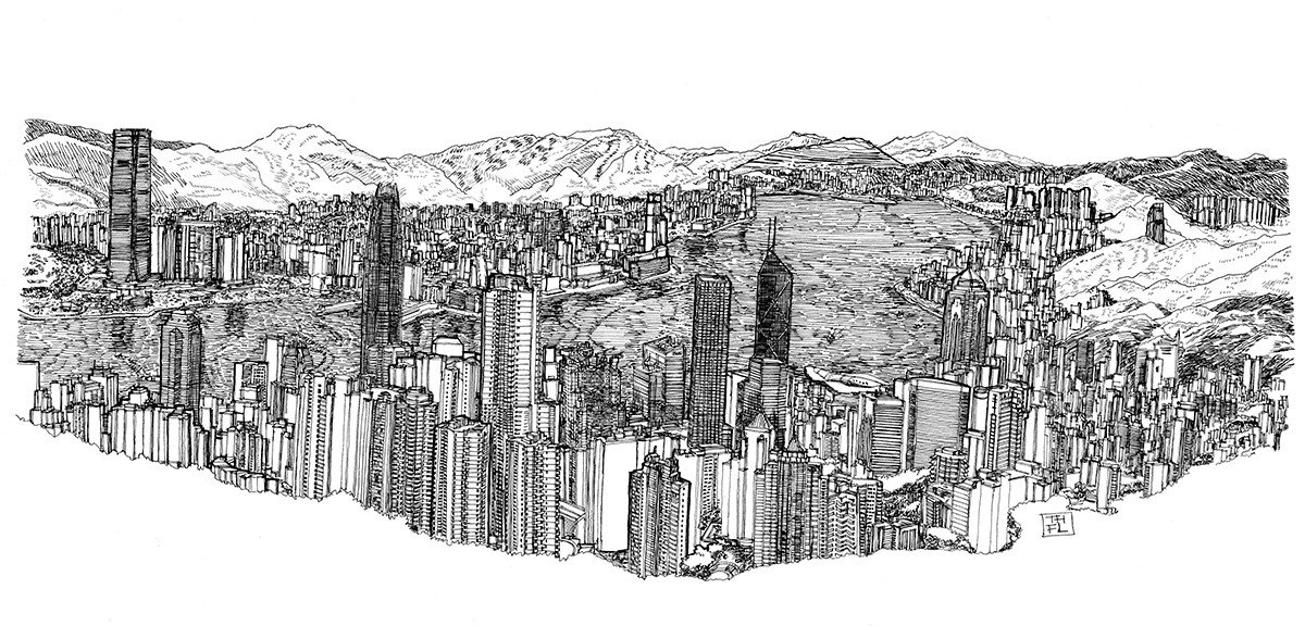 1200x576 Laurence Lai Gallery Urban Sketch, Victoria Harbour, 2017) - Hong Kong Skyline Sketch