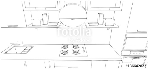 500x232 Sketch Drawing Of 3d Modern Kitchen Interior With Round Hood - Hood Sketch