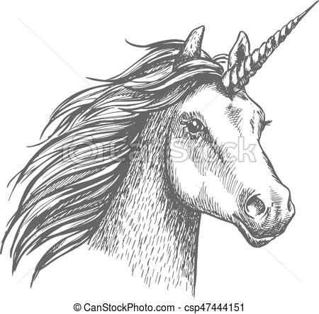 450x443 Unicorn Vector Sketch Isolated Head. Unicorn Head. Mythical - Horn Sketch