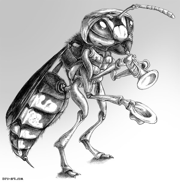 600x608 Hornet With A Cornet In A Hairnet Biro Art - Hornet Sketch