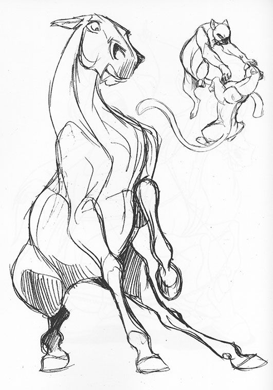 531x759 Sketch Of Frightened Horse, And Two Big Cats Fighting Drawing - Horse Cartoon Sketch