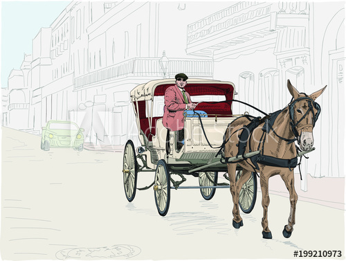 500x377 Sketch Of A Horse Drawn Carriage On Bourbon Street In New Orleans - Horse Drawn Carriage Sketch