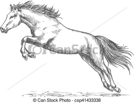 450x345 Race Horse Jumping High. Horse Racing. Wild Mustang Running - Horse Racing Sketch