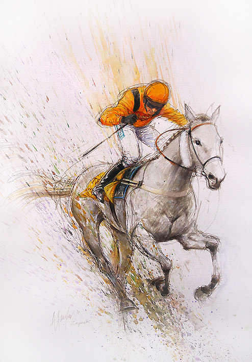 494x709 Zaynar Original Horse Racing Watercolour Painting By Equestrian - Horse Racing Sketch