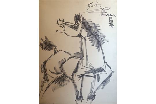 540x360 M.f. Husain (1915 2011), Large Ink On Canvas Sketch Of Horse - Horse Sketch On Canvas