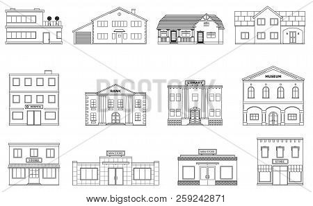 450x297 Buildings Set. Residential Cottages, Store, Mall, Ship, Museum - Hospital Building Sketch