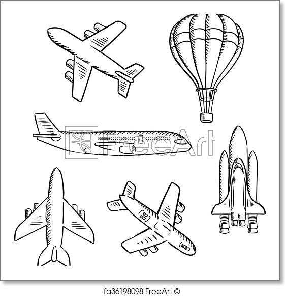 561x581 Free Art Print Of Airplanes, Space Shuttle, Hot Air Balloon - Hot Air Balloon Sketch