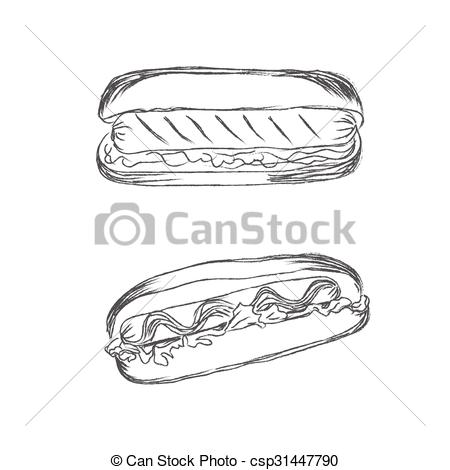 450x470 Hot Dog, Fast Food, Sketch, Vector. - Hot Dog Sketch