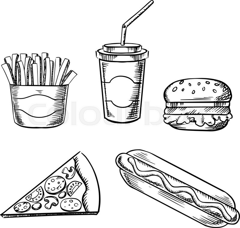 800x763 Fast Food Sketches With Hamburger, Slice Of Pizza, French Fries - Hot Dog Sketch