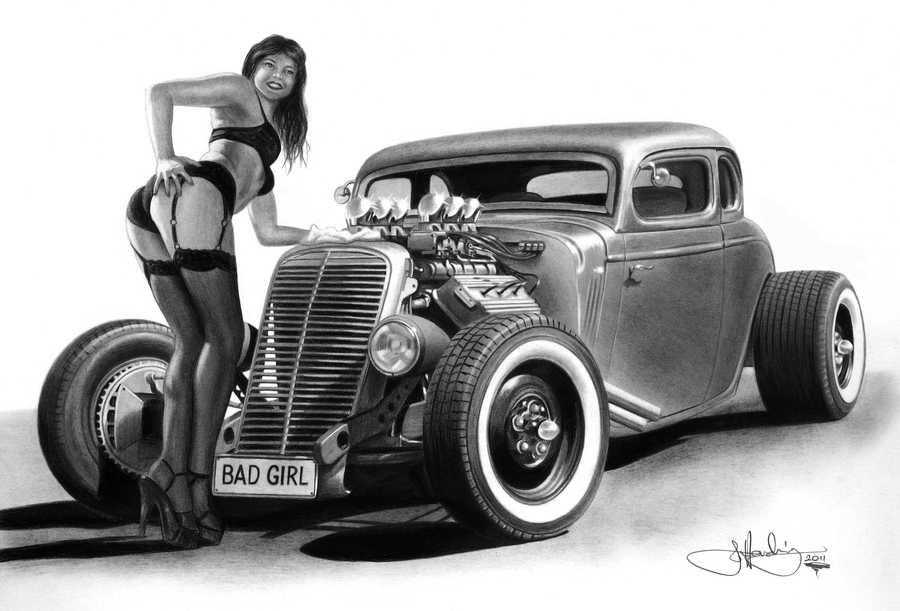 900x611 Famous Hot Rod Artists Bad Girl 34 Hotrod Drawing By Portraitz - Hot Rod Sketches