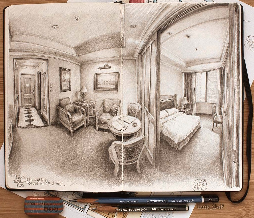 1018x876 Hotel Room Sketch A Subjective Perspective Of A Hotel - Hotel Room Sketch
