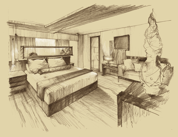 611x470 Pencil Architectural Renderings Amp Sketches - Hotel Room Sketch